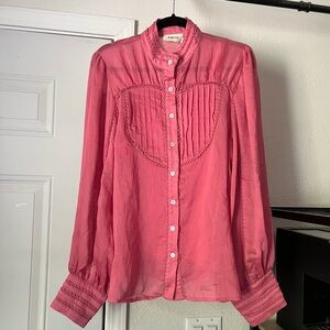 NWT MOS pink linen pleated bin ruffle button up long sleeve blouse shirt